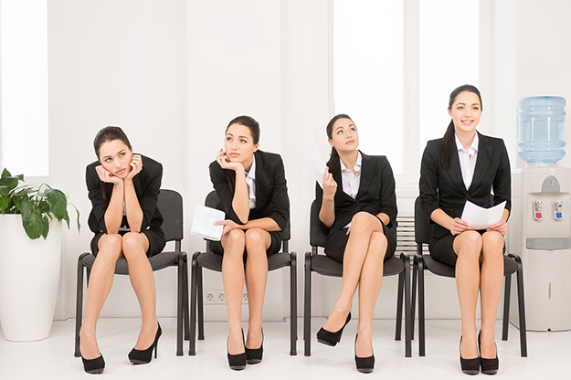 Four different poses of one woman waiting for interview. =