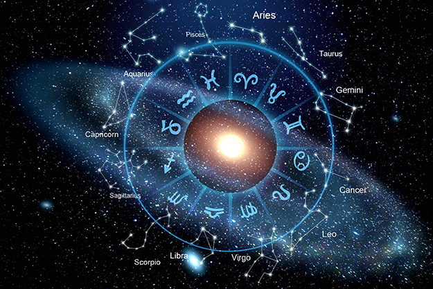 Zodiac signs inside of horoscope circle. Astrology in the sky wi